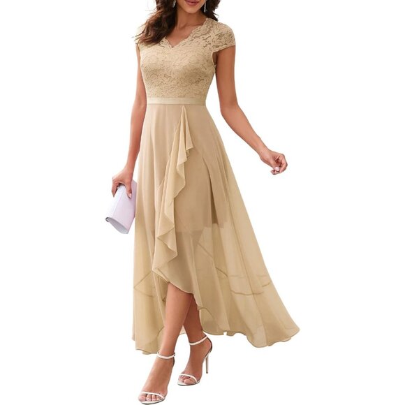 Women's Champagne V-Neck  Hi-Lo Floral Lace Prom Cocktail Party Formal Dress - Picture 2 of 8